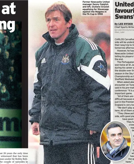  ??  ?? Former Newcastle United manager Kenny Dalglish and left, Giuliano Grazioli equalising for Stevenage against the Magpies in the FA Cup in 1998