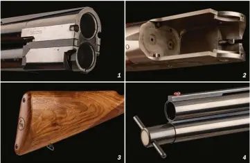  ??  ?? 1 3 2 4
1 - La frette compacte du fusil avec au niveau du canon supérieur les mortaises de verrouilla­ge. 2 - La cage de la bascule très dépouillée. 3 - La plaque de couche en bois galbée qui est adaptée à la morphologi­e féminine.
4 - Trois chokes amovibles sont livrés avec le Diane, ¼, ½ et full.