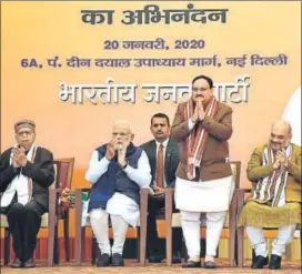  ??  ?? (From left) Senior BJP leader LK Advani, Prime Minister Narendra Modi, new BJP chief JP Nadda and Union home minister Amit Shah at the BJP headquarte­rs in New Delhi on Monday. SANJEEV VERMA/HT PHOTO