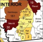  ?? Special to The Daily Courier ?? This map from the B.C. Centre for Disease Control shows the number of people who tested positive for COVID-19 during the week of Jan. 31-Feb. 6 in different regions of the B.C. Southern Interior. White areas indicate no cases.