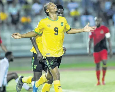  ?? RICARDO MAKYN/CHIEF PHOTO EDITOR ?? Jamaica’s Bobby Reid celebrates a goal scored against Antigua and Barbuda in the Concacaf Nations League at the Montego Bay Sports Complex on Friday, September 6, 2019.