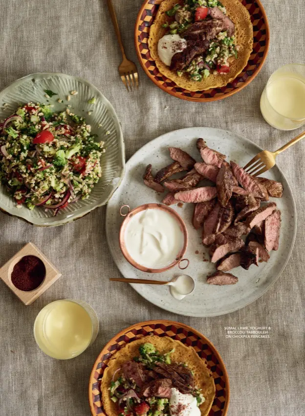  ??  ?? SUMAC LAMB, YOGHURT & BROCCOLI TABBOULEH ON CHICKPEA PANCAKES