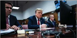  ?? JABIN BOTSFORD/POOL PHOTO VIA AP FILE ?? Former President Donald Trump sits in Manhattan criminal court with his legal team in New York, April 15.