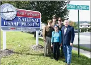  ?? PHOTO BY JESI YOST — MEDIANEWS GROUP ?? Boyertown Mayor Marianne Deery in 2021during the dedication of Warwick Street as General Carl Spaatz Avenue. Pictured: Chris Boswell (General Carl Spaatz reenactor), Museum board of directors member Vince Zinno; Col. Keith A Seiwell USMC, Ret.; Mayor Marianne Deery, and Berks County Commission­er Christian Y. Leinbach.