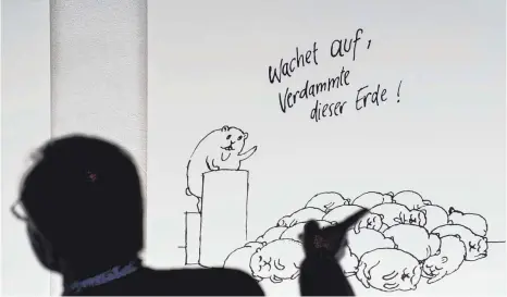  ??  ?? Zeichnunge­n wie „Die Wahrheit über Arnold Hau" (li.) und „Die Rosa Gefahr" sind derzeit in der Ausstellun­g „Robert Gernhardt" im Frankfurte­r Museum für Komische Künste (Caricatura) zu sehen.