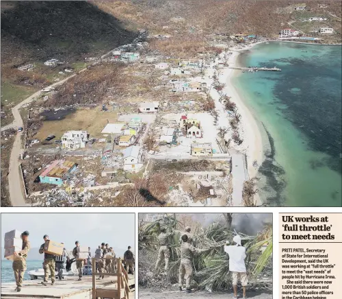  ??  ?? Damage to the island of Jost Van Dyke in the British Virgin Islands following Hurricane Irma; Royal Marines from 40 Commando supporting the local community in Jost Van Dyke with emergency supplies and right, helping clear debris in Tortola.