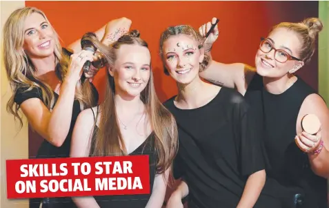  ?? Picture: PETER RISTEVSKI ?? CLASS ACTS: The Gordon teacher Kath McKenzie blow-dries the hair of Maddie Meath, while colleague Kathryn Deller applies festival make-up to Jessica Leaming.