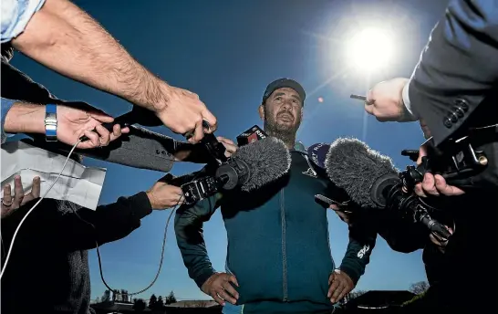  ?? PHOTO: JOSEPH JOHNSON/STUFF ?? Wallaby coach MIchael Cheika, here addressing the media in Christchur­ch yesterday, will demand a more aggressive approach from his forwards in tomorrow’s test.