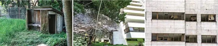  ?? FOTO JULIO CÉSAR HERRERA ?? La maleza se ha apoderado de las canchas y de la piscina con las que contaba el edificio Mónaco. Las antenas, las rejas, y las ventanas del inmueble se han oxidado por falta de mantenimie­nto. Por las ventanas también se observa el deterioro en el...