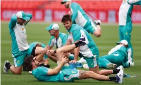 ?? Photograph: Chris Hyde/Getty Images ?? Mitchell Marsh trains with the Australian T20 squad Gold Coast’s Metricon Stadium.