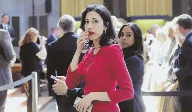 ?? AP FILE PHOTO ?? ‘HUMA’S BEEN A PROBLEM’: Hillary Clinton’s closest and most-trusted aide, Huma Abedin, was reportedly absent from Clinton’s campaign stop yesterday, leading some to question her political future.