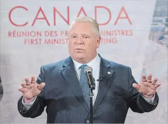  ?? RYAN REMIORZ THE CANADIAN PRESS ?? Ontario Premier Doug Ford at the first ministers’ meeting in Montreal on Friday. Ford accused Prime Minister Justin Trudeau of requiring Ontario to cut its greenhouse-gas emissions more than expected.