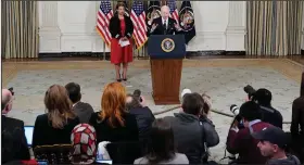  ?? (AP/Patrick Semansky) ?? President Joe Biden speaks about his proposed budget for fiscal year 2023 on Monday in the State Dining Room of the White House in Washington as Office of Management and Budget director Shalanda Young listens.