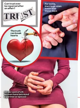  ??  ?? Can trust ever be repaired after an affair? The truth can break hearts 32 per cent of UK women have betrayed a partner or spouse For some, marriage vows mean less these days