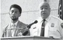 ?? BARBARA HADDOCK TAYLOR/BALTIMORE SUN ?? Mayor Brandon Scott, left, and Police Commission­er Michael Harrison hold a news conference April 14.