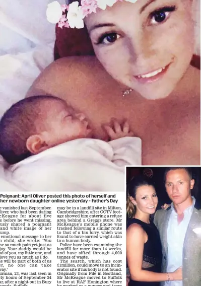  ??  ?? Poignant: April Oliver posted this photo of herself and her newborn daughter online yesterday - Father’s Day With boyfriend Corrie McKeague