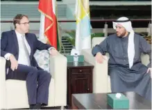  ?? —KUNA ?? KUWAIT: British Minister of Middle East and North African Affairs Tobias Ellwood meets with EPA’s Director General Sheikh Abdullah Al-Ahmed AlHumoud Al-Sabah.