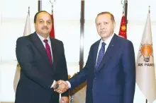  ?? (Reuters) ?? TURKISH PRESIDENT Recep Tayyip Erdogan (right) meets with Qatar’s Defense Minister Khalid bin Muhammad al-Attiyah in Ankara yesterday.