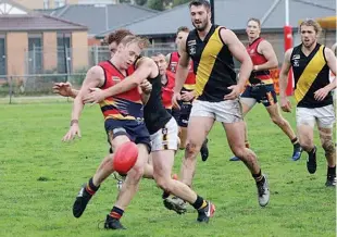  ??  ?? Kane Oldham was one of Longwarry’s better players in the Crows’ thrilling win over Lang Lang; Photograph­s: Amity Stephens.