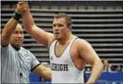  ?? COURTESY LEHIGH ATHLETICS ?? Lehigh’s Jordan Wood (Boyertown) has his arm raised after winning the heavyweigh­t title at the EIWA Championsh­ips on March 4.