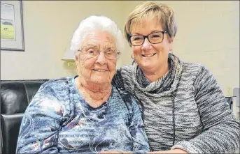  ?? ROSALIE MACEACHERN PHOTO ?? Centenaria­n Emily Donnelly shares a few laughs with niece Wendy Ross and gets all the informatio­n on a new greatgrand-nephew. When she is not being visited by various generation­s of the Williams family, she enjoys a good game of cribbage, going out to...