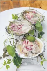  ??  ?? Fresh Bluff oysters with chardonnay shallot vinaigrett­e prepared by Vault 21 executive chef Greg Piner.