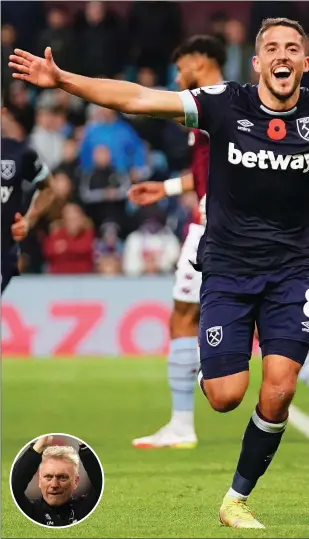  ?? ?? Pablo Fornals wheels away in celebratio­n after netting West Ham’s third