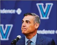  ?? Matt Rourke / Associated Press ?? Jay Wright grimaces while speaking at a news conference about his resignatio­n as men’s basketball coach at Villanova on Friday.