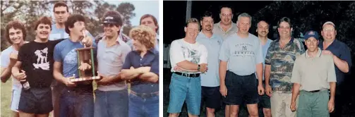  ??  ?? Clockwise from right: the “boys” in 2018—John (seated) and (back row, from left) Rick, Harry, Rob, Mike, Tom K, Gord and Tom M; the group back in 2001; and in the early days, way back in 1978!