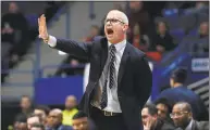  ?? Jessica Hill / Associated Press ?? UConn coach Dan Hurley calls out to his team during a game against Lafayette on Wednesday.