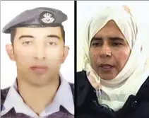  ??  ?? STUCK: Jordanian pilot Lt. Maaz Al-Kassasbeh and Sajida Al-Rishawi, an Iraqi woman sentenced to death in Jordan for her involvemen­t in a 2005 terrorist attack. Right: Japanese journalist Kenji Goto holding a photo of Al-Kassasbeh.