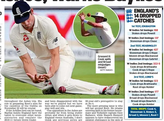  ?? GETTY IMAGES ?? Grassed it: Cook spills and Broad misjudges (inset)