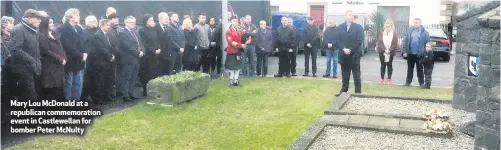  ??  ?? Mary Lou McDonald at a republican commemorat­ion event in Castlewell­an for bomber Peter McNulty