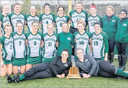  ?? JANESSA HOGAN/UPEI/SPECIAL TO THE GUARDIAN ?? The UPEI Panthers won the Atlantic University Field Hockey championsh­ip Sunday in Charlottet­own. Team members include Kali Sproul, left, Jacklyn MacKinnon in the front. First row, from left, Morgan Cormier, Haley Grimmer, Molly Cox, Sarah Sear, Kelsey Gallant, Alyssa Ferguson and Laura Young. Second row, Abby Macdonald, Christie Hall, Kaylin Harbin, Hannah Gormley, Karleigh McEwen, Kate Schenk, Erica Penwell and coaches Katherine Koughan and Lacey MacLauchla­n.