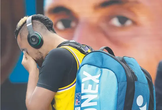  ?? Picture: MICHAEL KLEIN ?? An emotional Nick Kyrgios arrives on court wearing a Kobe Bryant LA Lakers singlet in honour of the basketball great who died yesterday.