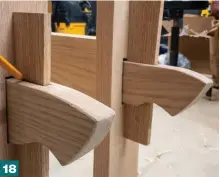  ??  ?? 18 The keys are marked so that they can be cut to the same reveal above and below the tenon. Depending on how the chopping of the mortise goes, each key may sit differentl­y in each mortise.