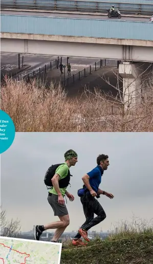  ??  ?? Damian Hall and Dan Hallam cross under the A13; then they scale the Beckton Alps; the entire route on Strava