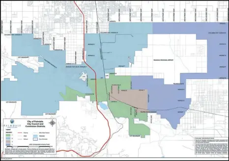  ?? PHOTO COURTESY OF THE CITY OF PALMDALE ?? These are the current City Council districts of the City of Palmdale. The City is continuing to receive public input on redrawing the districts to reflect the 2020 Census data.