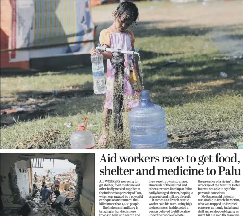  ??  ?? Top, a girl fills water jugs at a temporary shelter in Palu, Central Sulawesi, Indonesia; above, people take a break outside the shell of a house heavily damaged in Wani village, Palu.