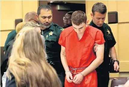  ?? MIKE STOCKER/STAFF PHOTOGRAPH­ER ?? Nikolas Cruz appears for a status hearing before Broward Circuit Judge Elizabeth Scherer on Monday in a courtroom heavily guarded by deputies.