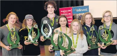  ??  ?? SUCCESS: Horsham District Football Netball League produced a variety of winners at a vote count and presentati­on night. Award winners are pictured, from left, under-17 footballer­s Josh Davis, Dylan Bates, Hamish Mccrae, 15 and under netballer Mikayla...