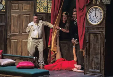  ??  ?? UNDONE: Russell Savadier, far left, Louis Viljoen, Roberto Pombo and Nicole Franco, on the floor, in a hilarious scene from the slapstick comedy at Theatre on the Bay.