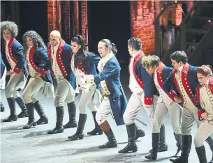  ?? EVAN AGOSTINI INVISION/THE ASSOCIATED PRESS ?? Lin-Manuel Miranda, centre, and the cast of Hamilton perform at the Tony Awards in 2016. The play has incensed everyone from professors at Harvard to the University of Houston.