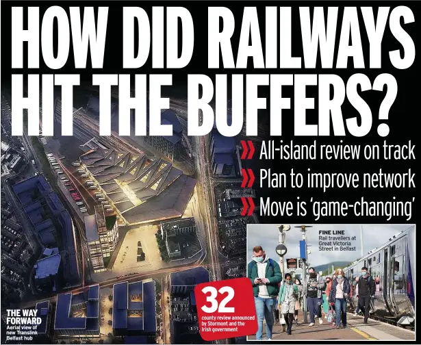  ??  ?? THE WAY FORWARD Aerial view of new Translink Belfast hub
FINE LINE
Rail travellers at Great Victoria Street in Belfast