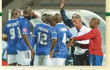  ??  ?? Mpumalanga Black Aces coach Muhsin Ertugral speaks to his players during a PSL match in 2016.