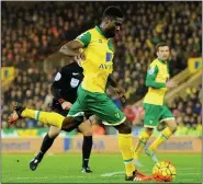  ??  ?? TEEING OFF: Tettey grabs the winner for Norwich 14 minutes from time with an expertly struck finish