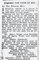  ?? ?? In the December 29, 1925 edition of the Evening Mail, informatio­n was sought for Hector Pembroke.