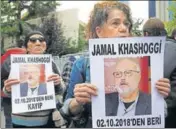 ?? REUTERS ?? Activists hold pictures of Saudi journalist Jamal Khashoggi during a protest at the Saudi Consulate in Istanbul.