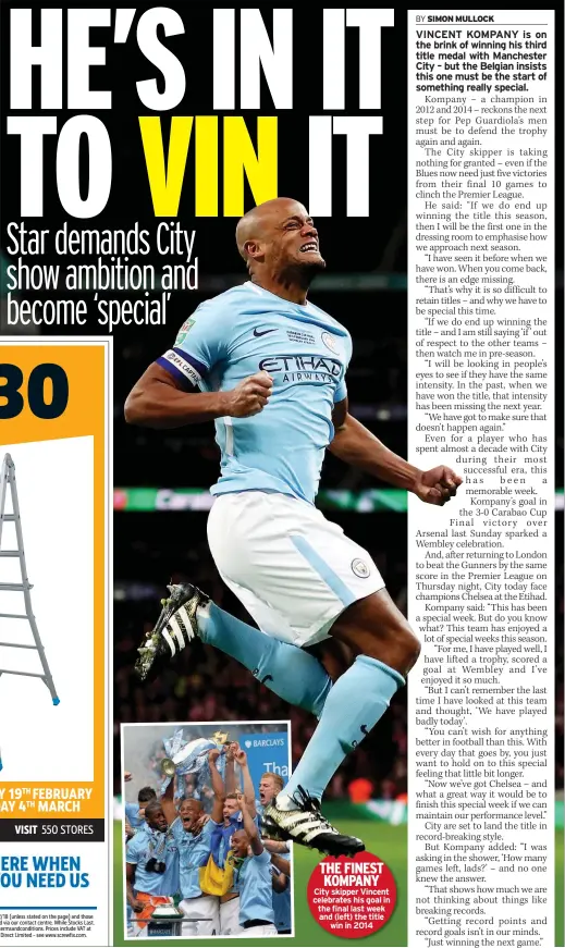  ??  ?? THE FINEST KOMPANY City skipper Vincent celebrates his goal in the final last week and (left) the title win in 2014