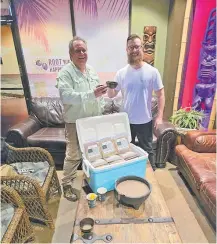 ?? Picture: AMERICAN KAVA CULTURE ?? Jeffrey Bowman, left, founder of The Nak, the first kava bar in America in 2001, shares the first bowl of American-grown kava with Tyler Blythe, co-founder of Kali Kava and Root of Happiness Kava Company and Bars.